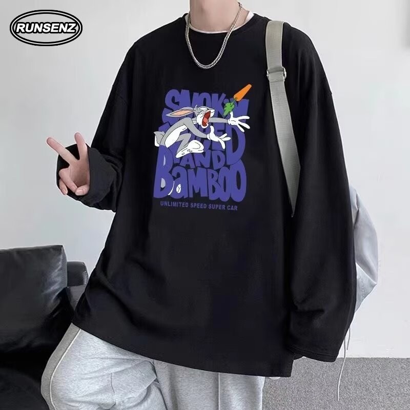 M-8xl การ์ตูนเกาหลี Oversize Top Men Plus ขนาดเสื้อยืดแขนยาวลําลองหลวมรอบคอ Tee