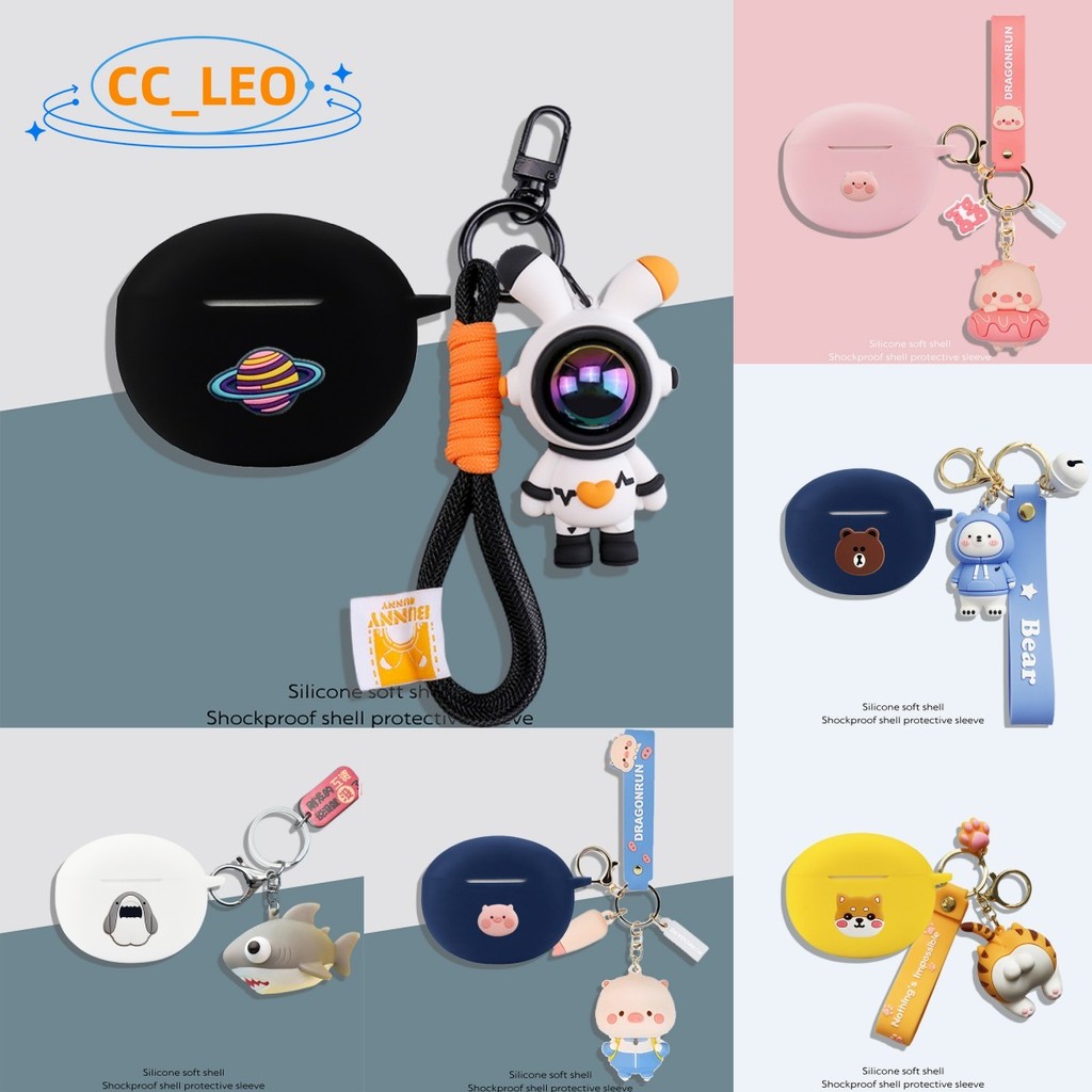 For OPPO Enco Air4 Case Creative Astronaut Cartoon Shark Keychain Pendant OPPO Enco Air4 Silicone Soft Case OPPO Enco Air4Pro Shockproof Shell Case Cute Piggy Protective Cover