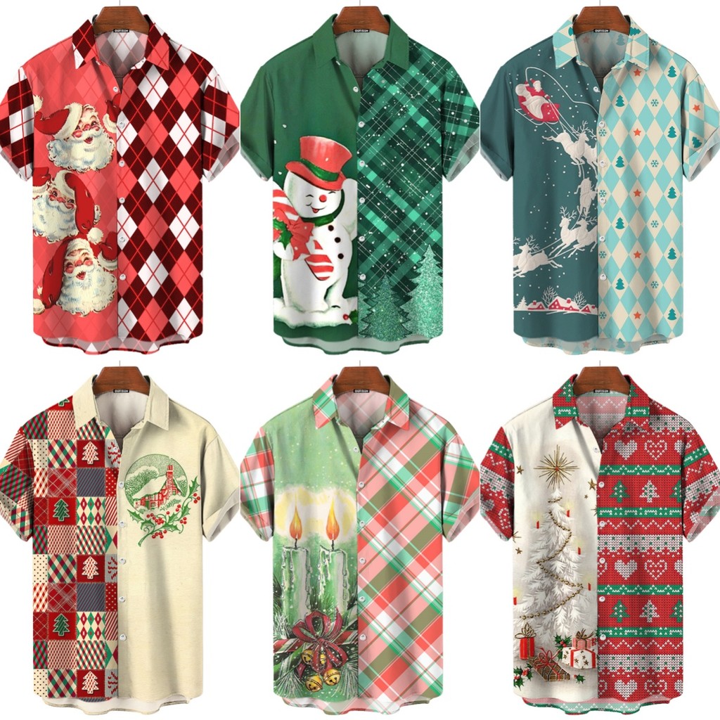 2025 เสื้อเชิ้ตแขนสั้นผู้ชายคริสต์มาสซานตาลายสก๊อตสีบล็อกปกเสื้อใหม่คริสต์มาสด้านบน