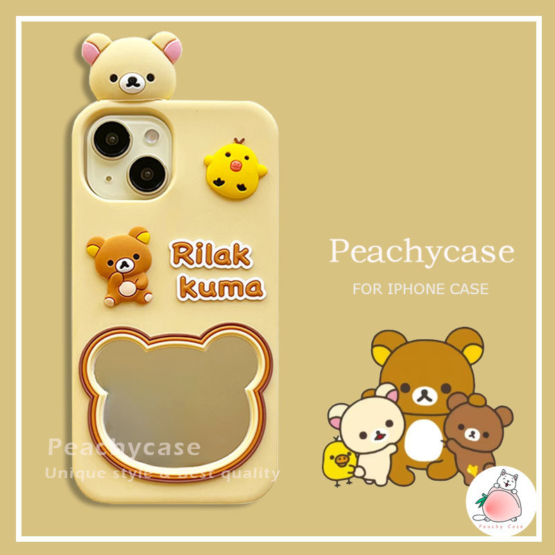 3d Kawaii Rilakkumaหมีแต่งหน้ากระจกเคสโทรศัพท์สําหรับiPhone 16 15 14 13 Pro Max iPhone16 ShockทนซิลิโคนปกหลังShell
