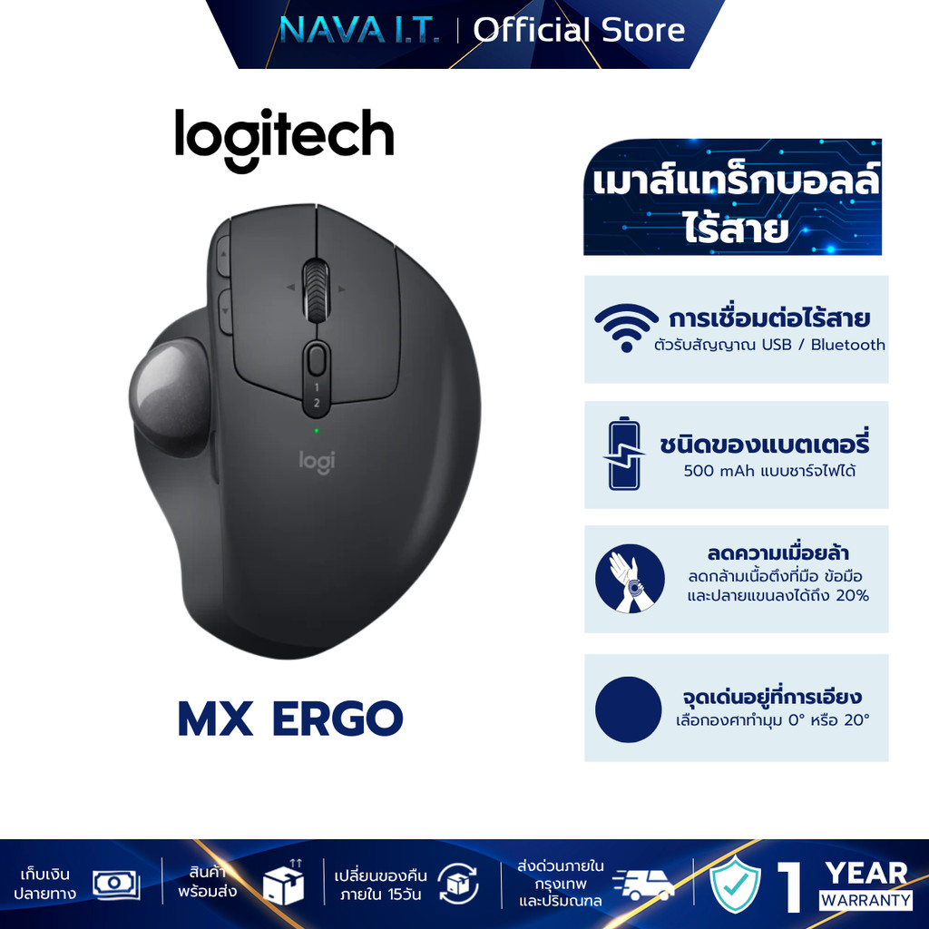 LOGITECH MX ERGO WIRELESS TRACKBALL MOUSE เมาส์ไร้สาย เมาส์แทร็คบอล ลดความเมื่อยล้าตามหลัก ergonomic
