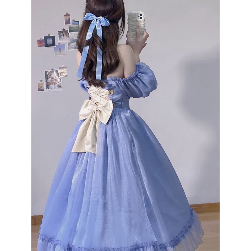 MnSummer Chic Blue Fairy Dress Women France Vintage Puff Sleeve Sweet Princess Dresses Female Elegan