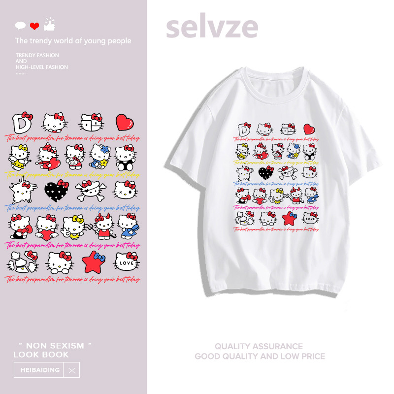 SELVZE（จัดส่งตลอด 24 ชั่วโมง） Printed T-shirt，การ์ตูนน่ารัก HelloKitty พิมพ์เสื้อยืดแขนสั้นหลวม I001089