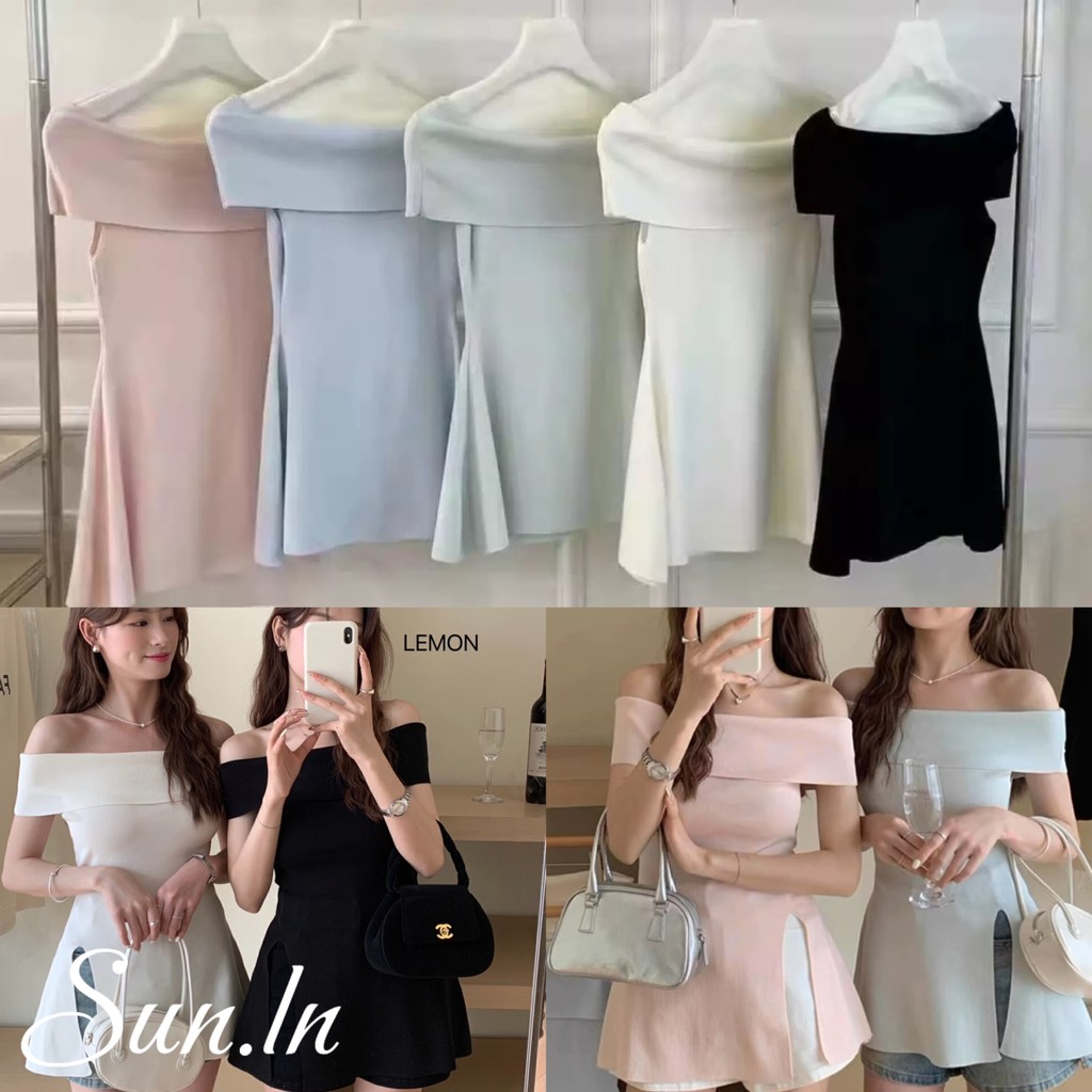 SUN พร้อมส่ง เสื้อปาดไหล่แฟชั่น เสื้อปาดไหล่ไหมพรม สีสันสดใจ ยืดได้เยอะ ผ่าข้างเล็กน้อย เข้ารูปสับๆ