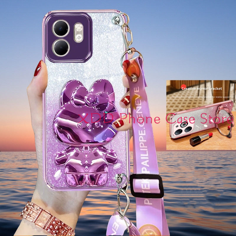 เคสโทรศัพท์สําหรับ infinix Smart 9 X6532 Hot 50i 4G X6531 Hot 50 X6720 Hot 50 Pro + 4G ชุบเคสโทรศัพท์ Glitter กระต่ายวงเล็บเครื่องสําอางกระจกโทรศัพท์มือถือปลอก Crossbody Lanyard