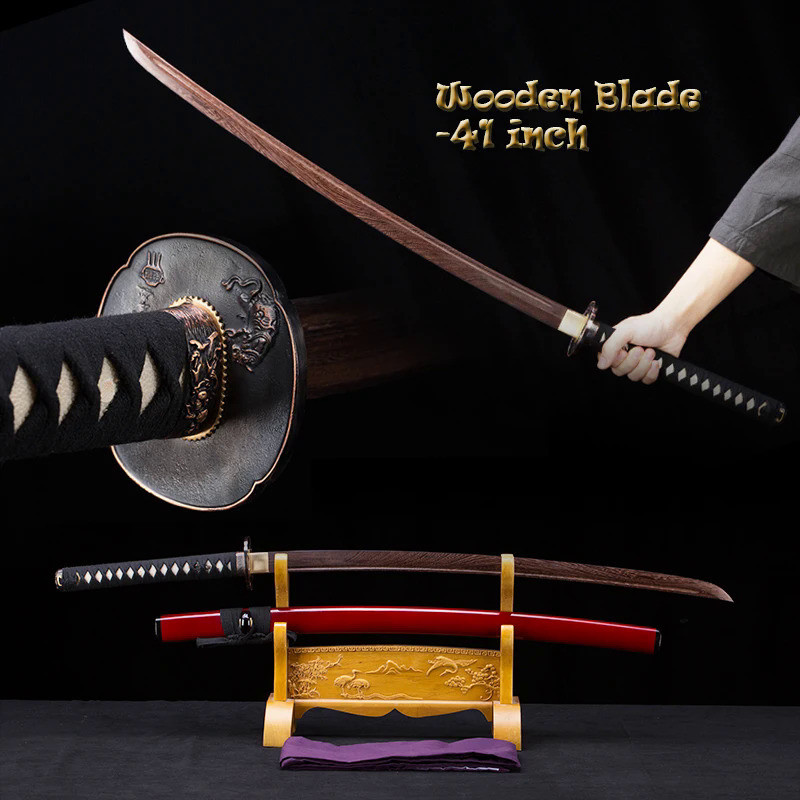 High Quality Wooden Sword,  Japanese Iaito Training Swords, Samurai Katana, Wood Wine Red Saya, Bras