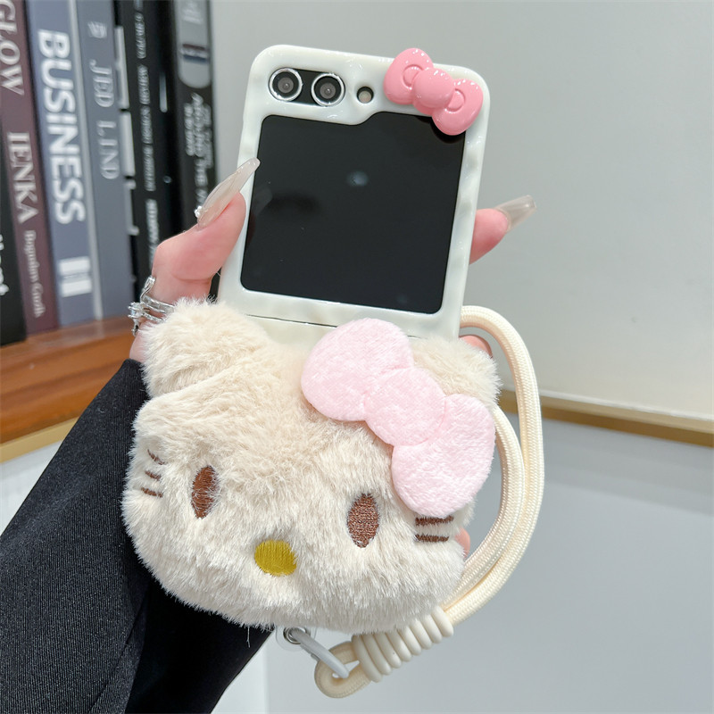 เคสโทรศัพท์แบบพับได้สําหรับ Samsung Galaxy Z Flip6 Flip5 Flip4 Flip3 ย่นนมสีขาวตุ๊กตา KT โบว์ hard tpu เคสโทรศัพท์