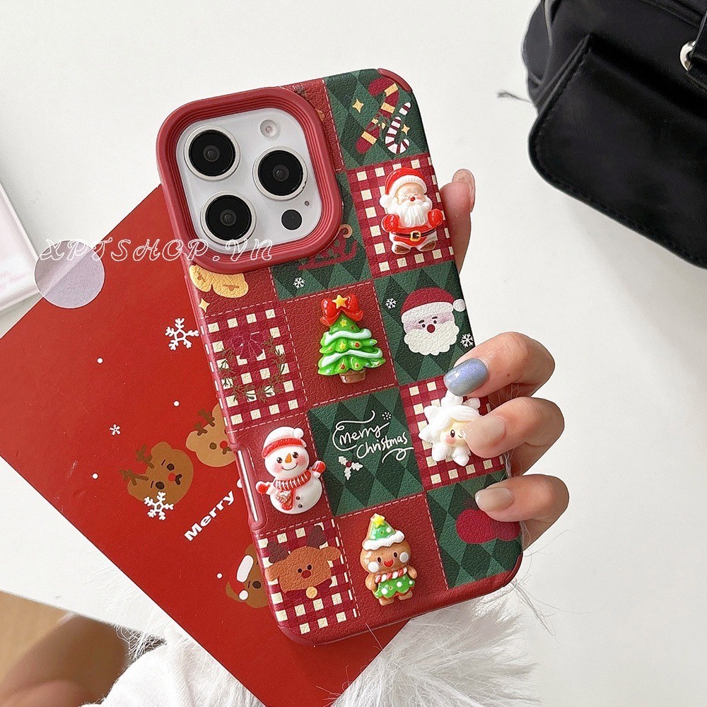 สามมิติ Lingge คริสต์มาสหนังเคสโทรศัพท์สําหรับ iPhone 16 Pro Max 15 Pro Max 14 13 12 Pro Max 11 กันกระแทกป้องกันปลอกอ่อน