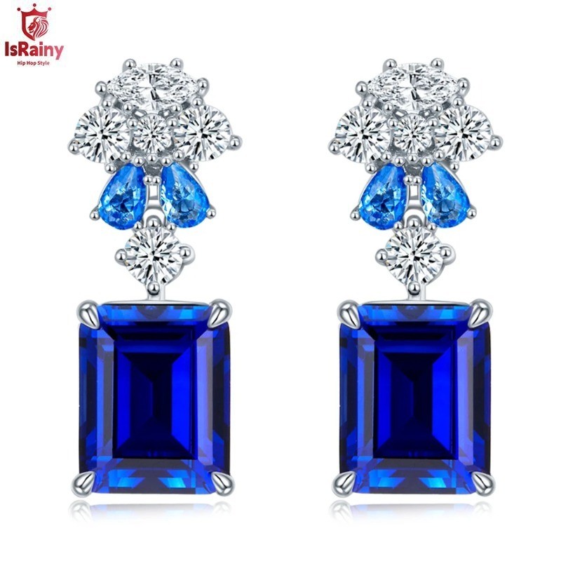 925 เงินสเตอร์ลิงมรกตตัด 8CT Sapphire High Carbon Diamond Drop ต่างหูเครื่องประดับ