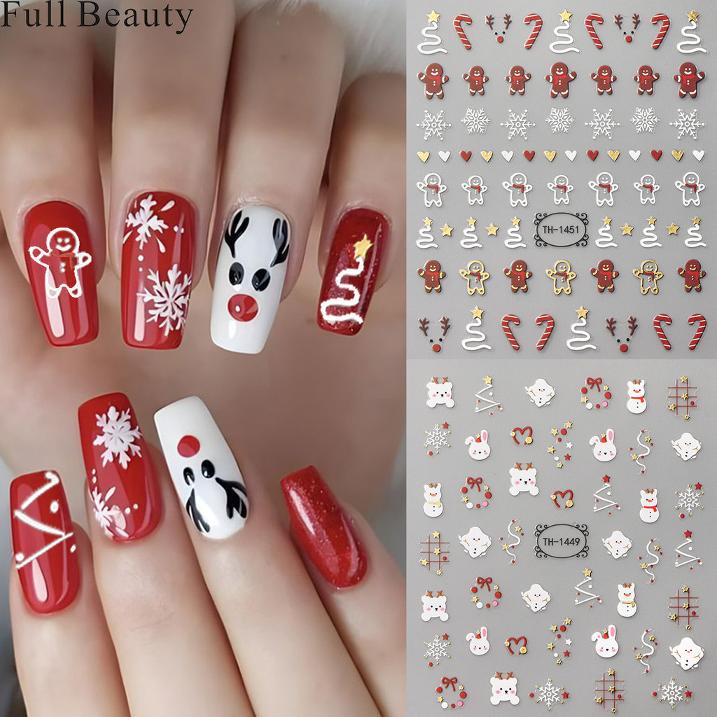 Full BEAUTY เล็บ Decal Snowflake Biscuit Man Snowman ต้นคริสต์มาสการ์ตูนกาวสติ๊กเกอร์ติดเล็บ