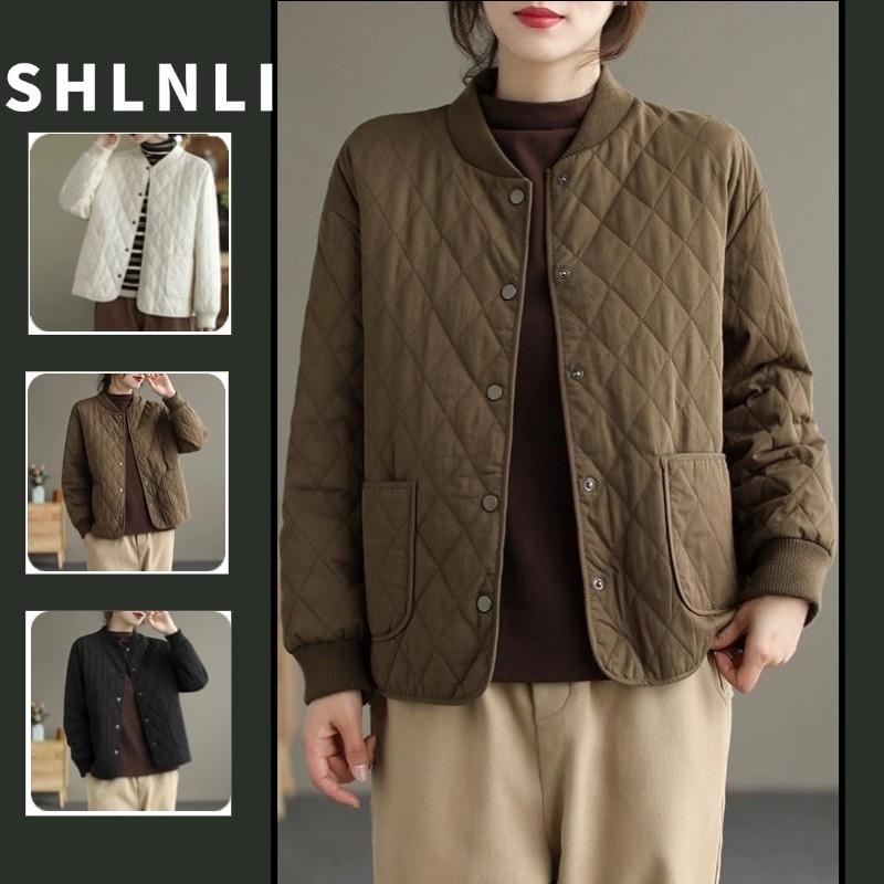 เสื้อโค้ทผ้าฝ้ายพื้นฐานสไตล์มินิมอลของผู้หญิงฤดูใบไม้ร่วงฤดูหนาวเสื้อแจ็คเก็ตทรงหลวมย้อนยุคน้ําหนักเบา
