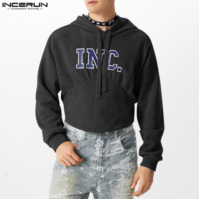 Incerun ผู้ชายวินเทจแฟชั่นพิมพ์ภาษาอังกฤษสามเหลี่ยม Hem แขนยาวเสื้อสวมหัว Hoodies