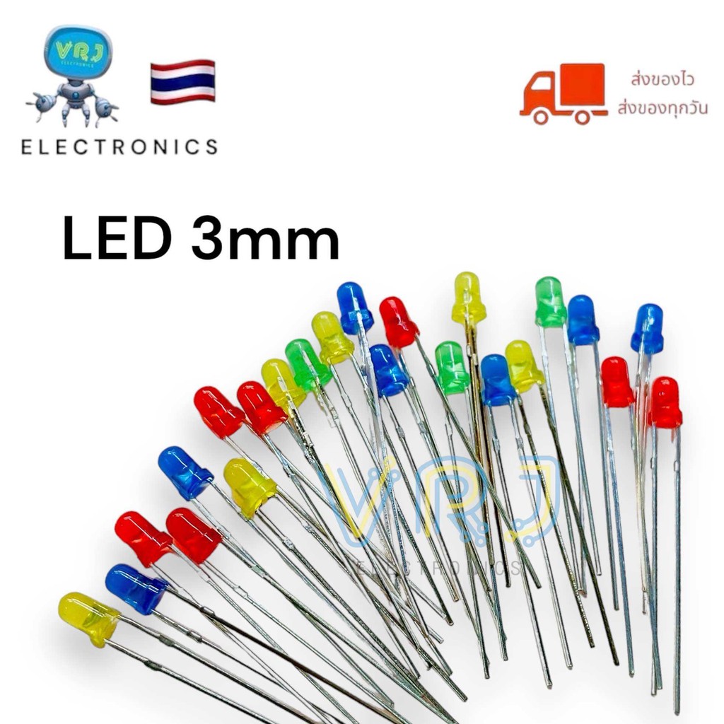 หลอดไฟ LED (แพ็ค100ตัว)ขนาด 3mm. ไฟ 3V(ไดโอดเปล่งแสง) สีแดง สีเหลือง สีเขียว สีน้ำเงิน เหมาะสำหรับใช้งานและโครงงานต่างๆ