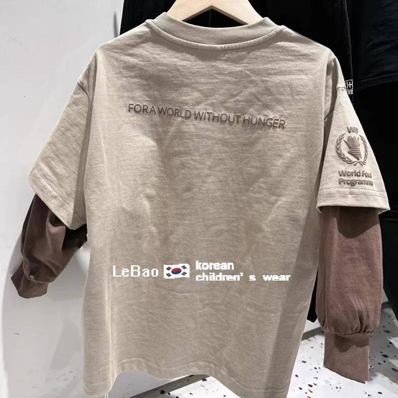 เวอร์ชั่นเกาหลีเสื้อผ้าเด็กแฟชั่นเด็กชายทารก2023ฤดูใบไม้ร่วงสไตล์ใหม่เย็นอินเทรนด์ทุกการแข่งขันปลอมสองชิ้นเด็กเสื้อยืดแฟชั่นอินเทร