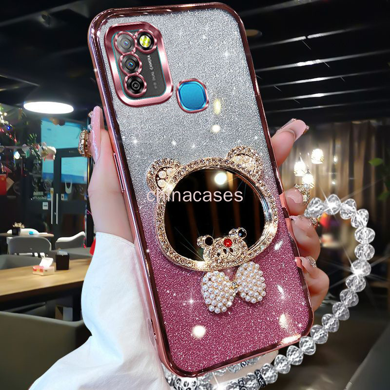 Infinix SMART 5 2020 HOT 10 Lite Infinix SMART6 X6511B โปร่งใสหมี Tie Electroplating นุ่มซิลิโคนกรณีประเภทสร้อยข้อมือคริสตัลโปร่งใสกันกระแทกเคสโทรศัพท์ RFVTGBYHG