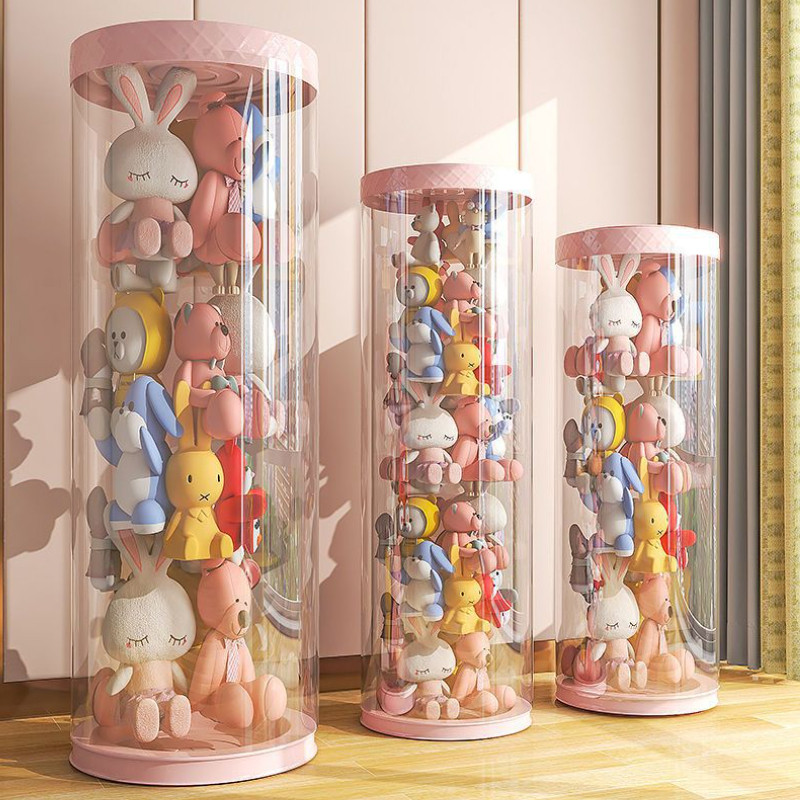 ถังเก็บตุ๊กตา PVC ใส ทรงกระบอก หมุนได้ ถังโชว์ตุ๊กตา ขนาดใหญ่ ฝาสีชมพู ดีไซน์สวย