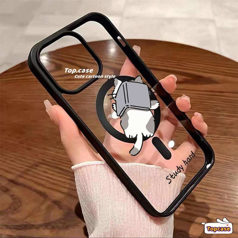 เข้ากันได้สําหรับiphone 16 15 11 14 13 12 Pro Max X XR Xs Max Sleep Catสัตว์แม่เหล็กชาร์จไร้สายเคสโทรศัพท์ปกอ่อน