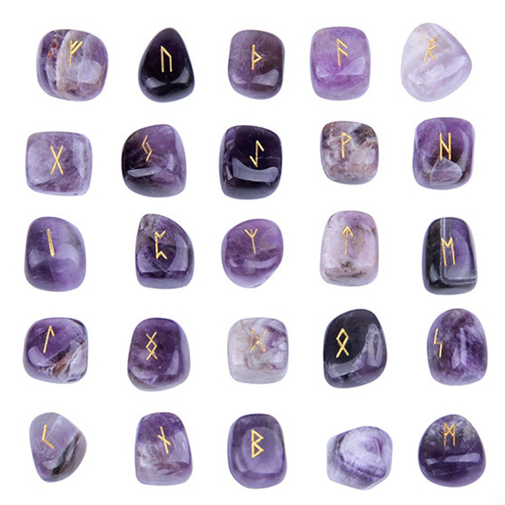 25 ชิ้นคริสตัลธรรมชาติ Rune หินชุด Nordic Rune Letter Amethyst อัญมณีไม่สม่ําเสมอ Agate Chakras Healing Stone ตกแต่งบ้าน