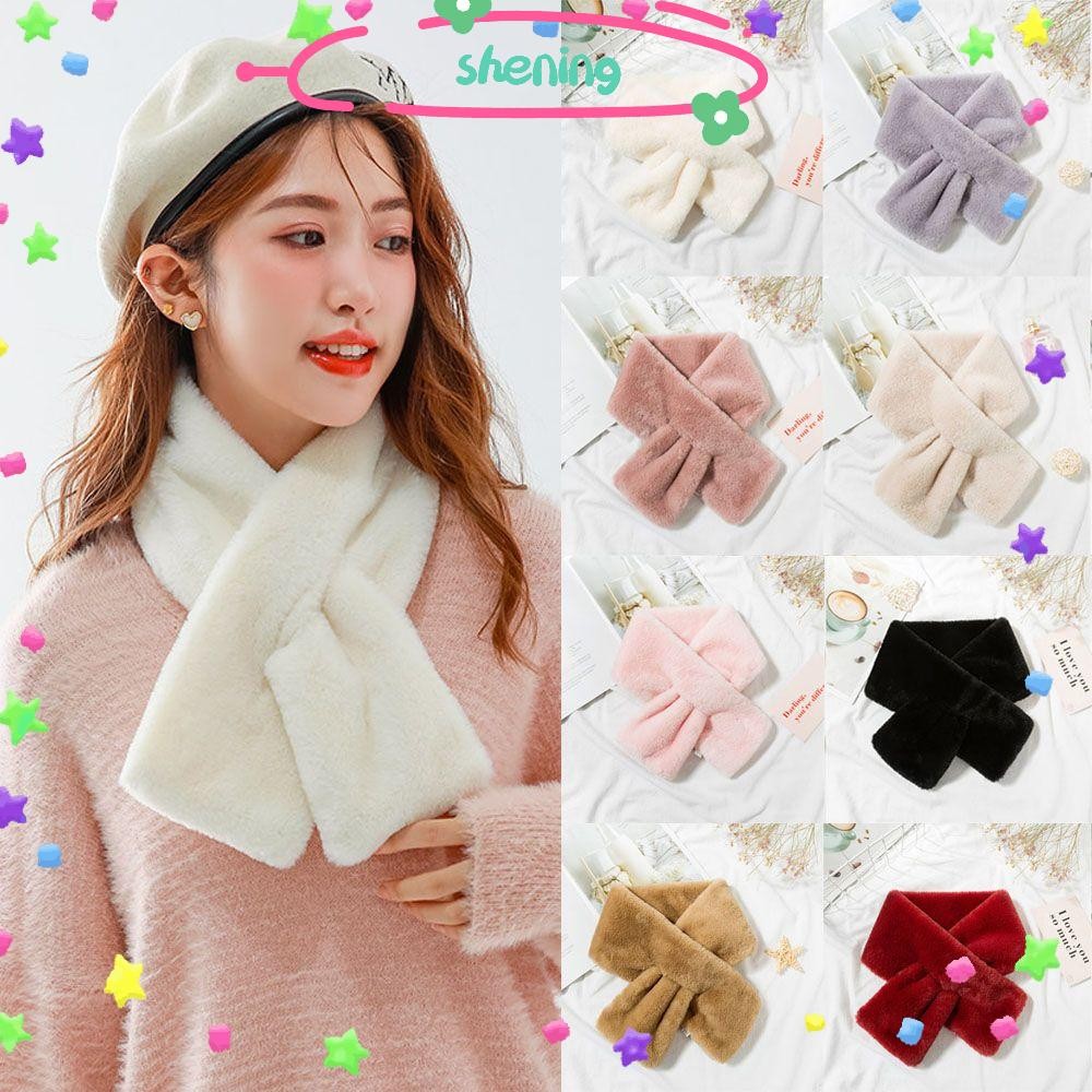Shening ผ้าพันคอข้าม Elegant Faux กระต่ายขนสัตว์ Plush ผ้าคลุมไหล่คออุ่น