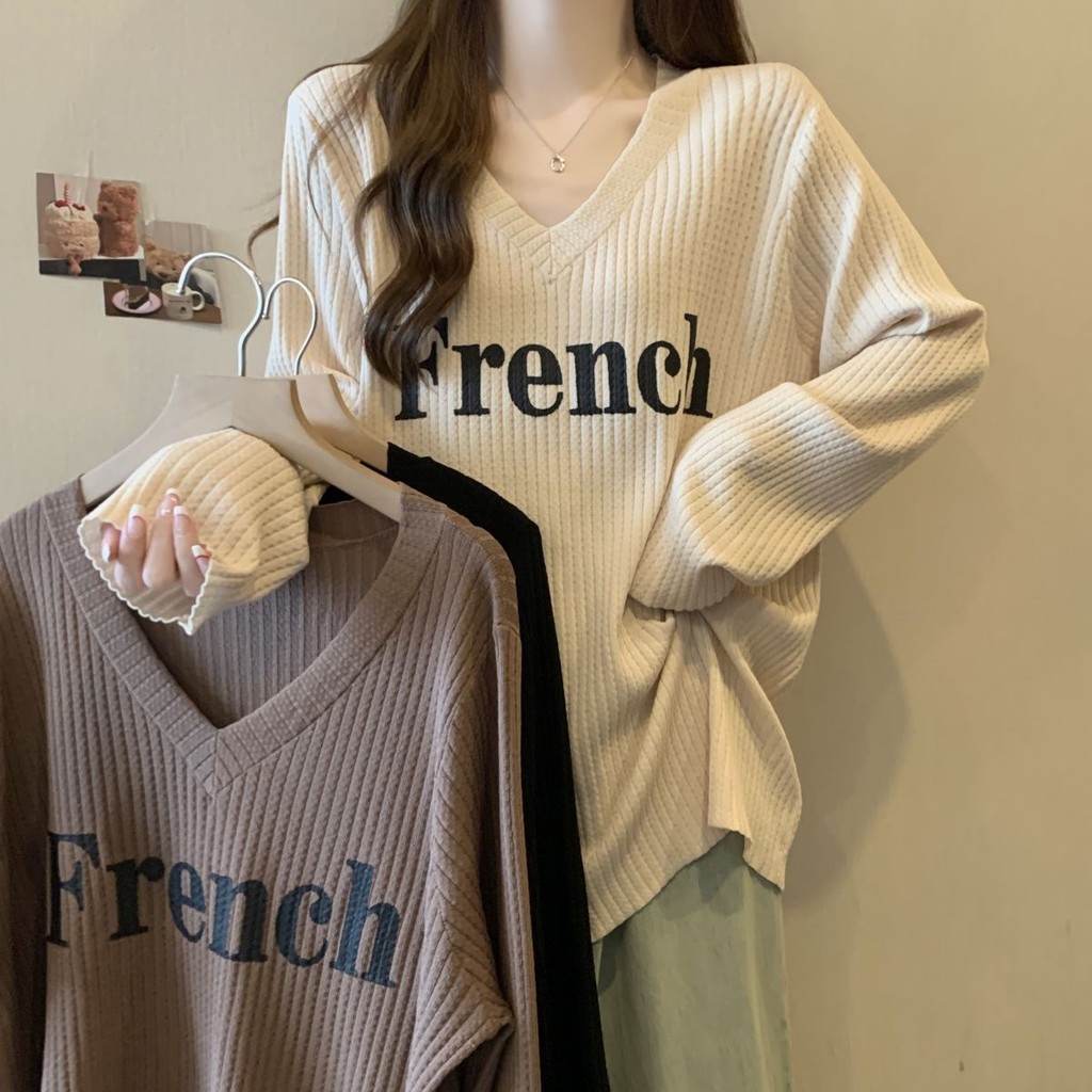 เสื้อยืด Oversize(30-100กก.)ฤดูใบไม้ร่วงขี้เกียจผู้หญิงขนาดบวกเสื้อแขนยาวvคอพิมพ์ตัวอักษรเสื้อยืด