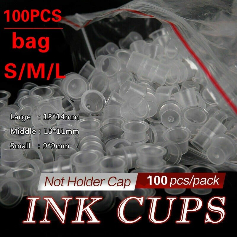 อุปกรณ์สักรูปแบบใหม่ 100 ชิ้น S/M/L พลาสติกแบบใช้แล้วทิ้ง Micro-Bead Tattoo Ink ถ้วยน้ําแต่งหน้าถาวรโปร่งใส Pigment คอนเทนเนอร์ฝาครอบผู้ถือหมึกสักถ้วยน้ํา