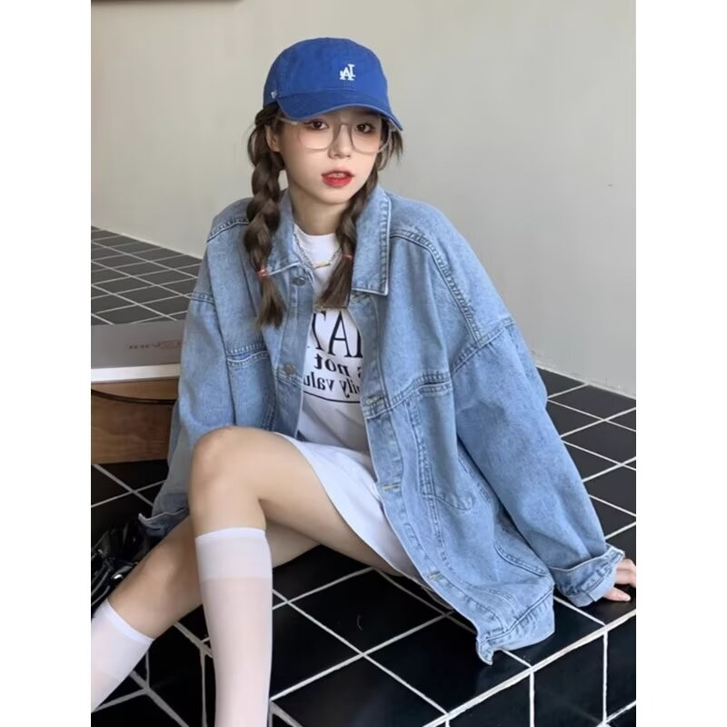 เสื้อโค้ทคาวบอยผู้หญิงปุ่มปกสบายๆหลวม