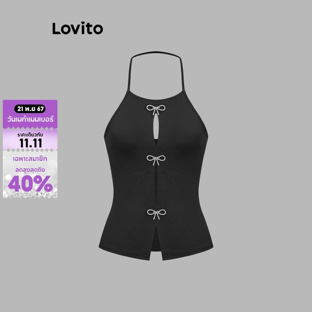 Lovito โบว์ธรรมดาน่ารักด้านหน้า ไรน์สโตนตัดออกเสื้อกล้ามสำหรับผู้หญิง L106AD117
