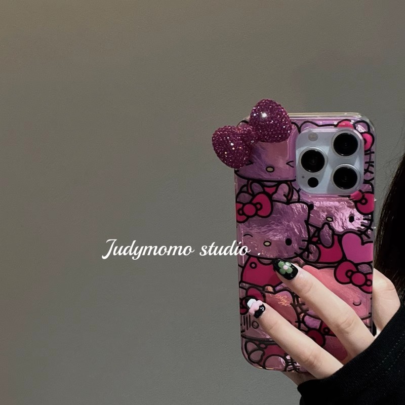 Huiwanju แฟลชเพชรโบว์กุหลาบสีแดง KT สําหรับ iPhone16promax โทรศัพท์มือถือกรณี iP15Pro anti-drop iP14 13 กรณี iP11 ผู้หญิง