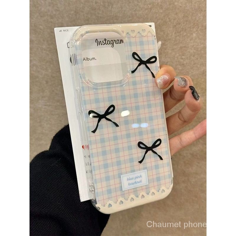 โบว์ลายตารางสไตล์เกาหลีเข้ากันได้กับเคสโทรศัพท์มือถือกันกระแทกสำหรับ iphone16/15/14PROMAX 13/12/11สอ