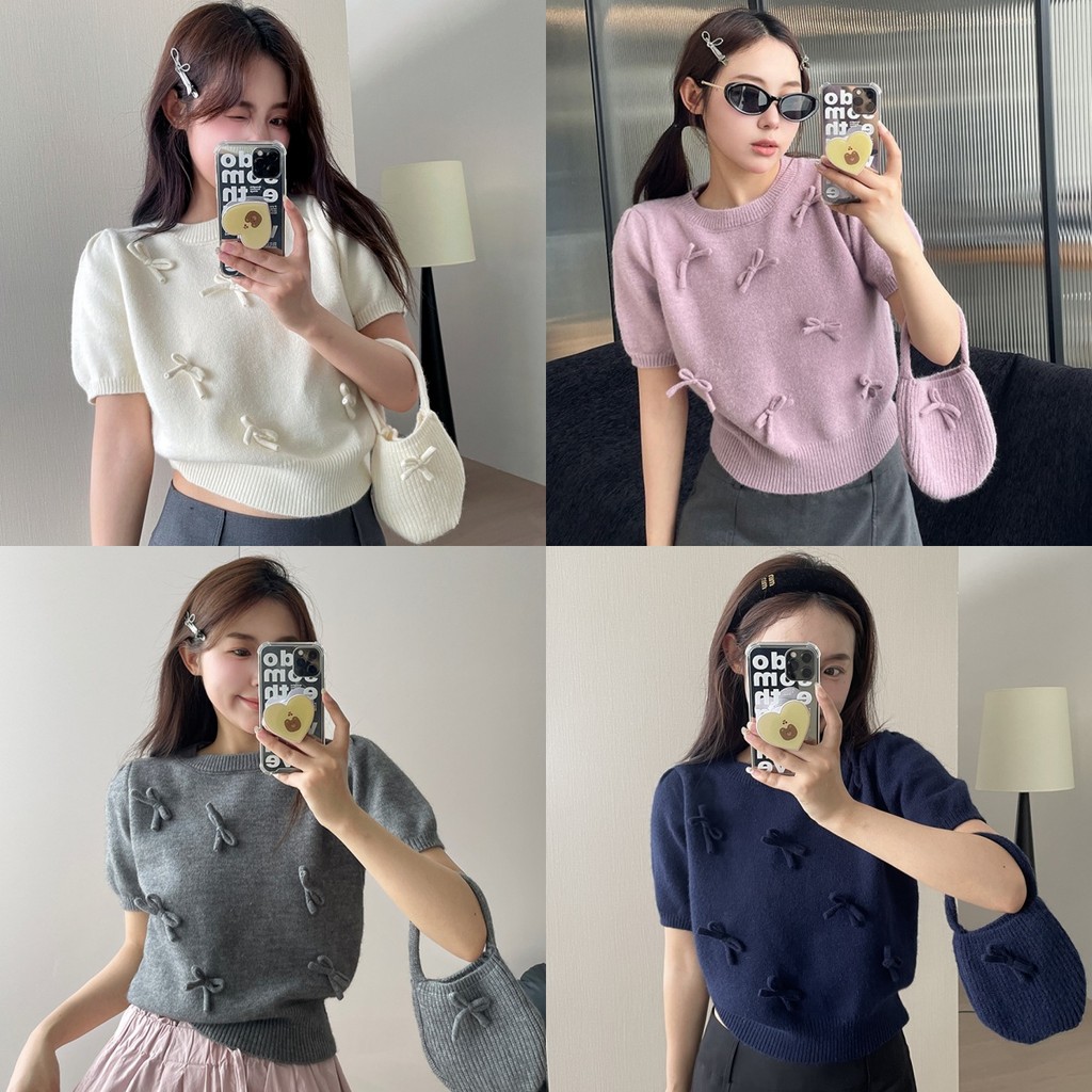 Anne เสื้อยืดผู้หญิง ไหมพรม คอกลม แขนพัฟ แต่งโบว์ เสื้อยืดแขนสั้น สไตล์ลำลอง ใส่สบาย น่ารัก #6A035