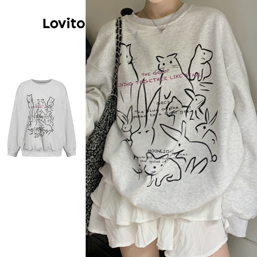 Lovito เสื้อสเวตเตอร์ขนาดใหญ่ลายการ์ตูนลำลองสำหรับผู้หญิง L102AD216