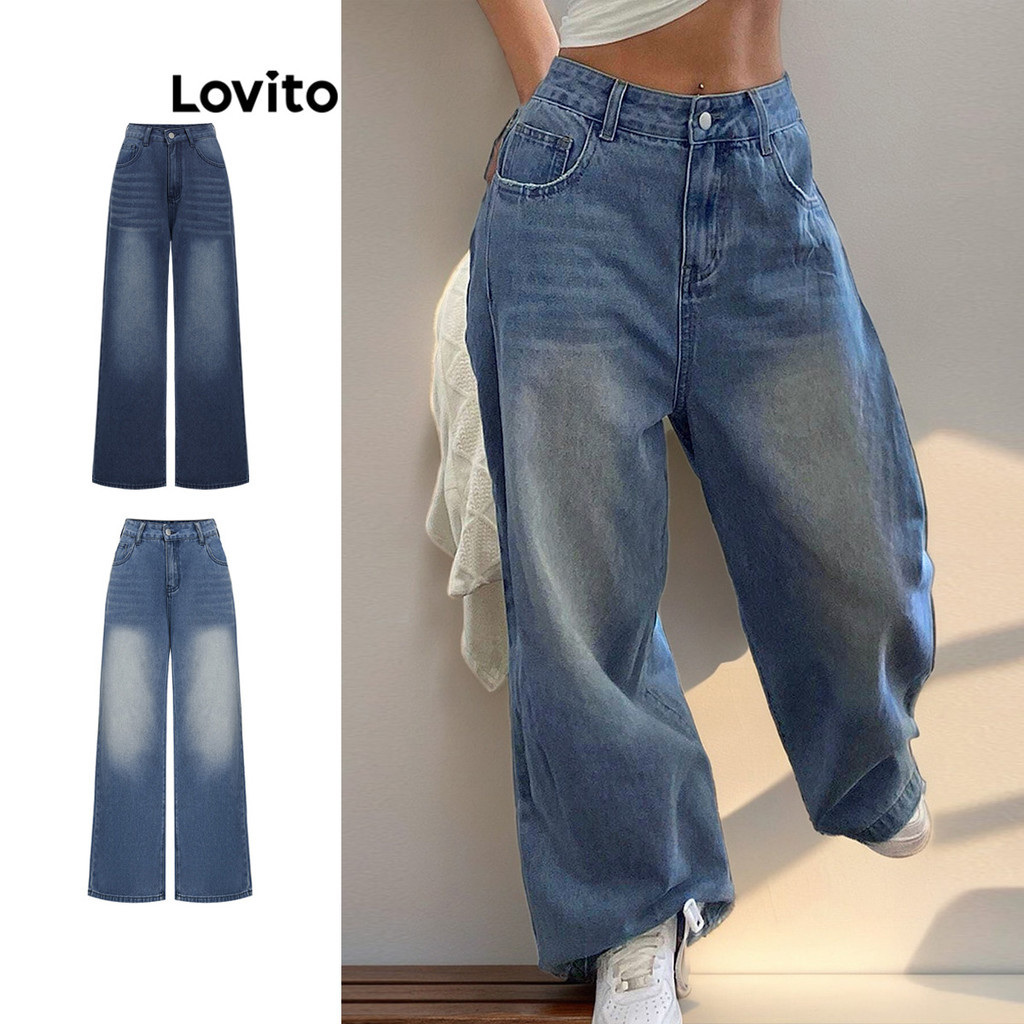 Lovito กางเกงยีนส์พ็อกเก็ตวิสกีร์แมวแบบลำลองสำหรับผู้หญิง L95ED804(หลากสี)