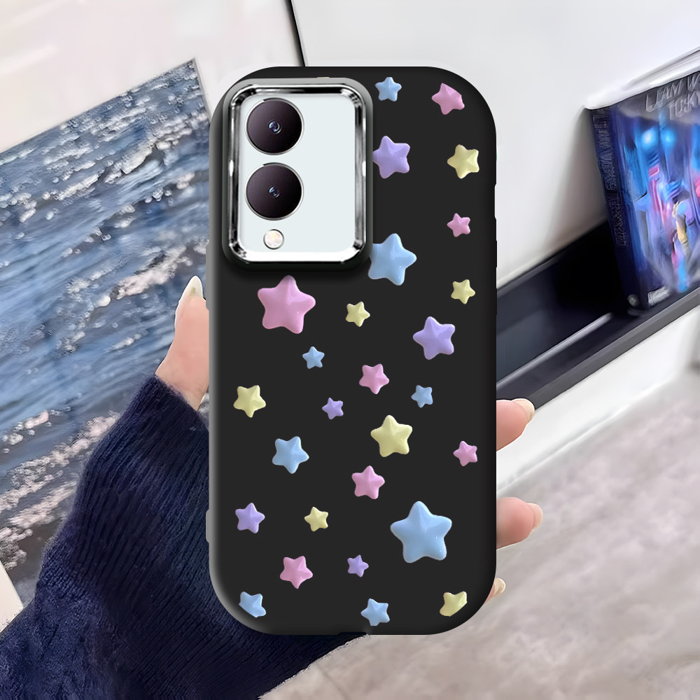 ปลอก Hp Untuk Vivo Y17S Y28 5G ใหม่ประณีตสีสันดาวการออกแบบรูปแบบขอบเงินเลนส์ไขมันซิลิโคนเหลวนุ่มกันก