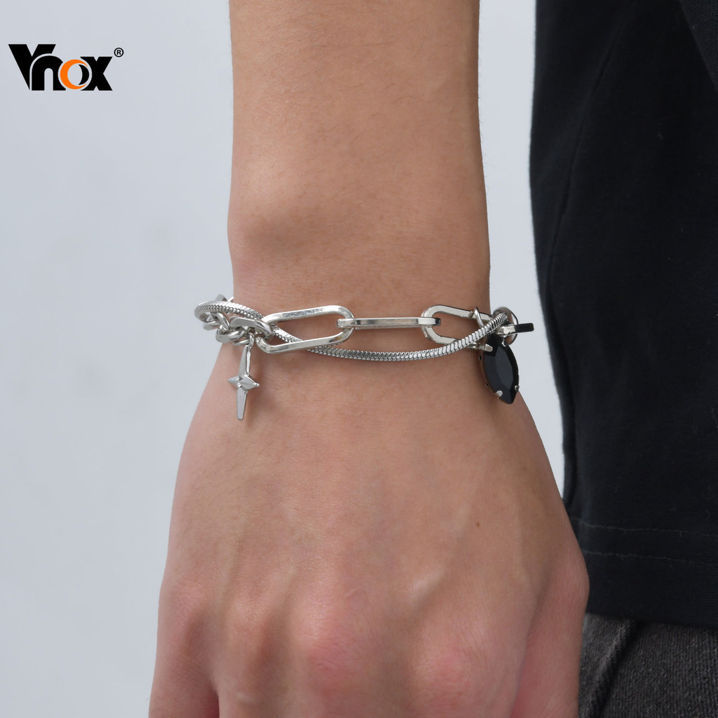 Vnox Black Zircon Cubic Star Link Chain สร้อยข้อมือสําหรับผู้ชาย,สร้อยข้อมือสแตนเลส Hypoallergenic,เครื่องประดับแฟชั่นขอ