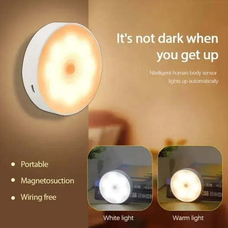 Pir Motion Sensor LED Night Light USB ชาร์จโคมไฟกลางคืนสําหรับตู้ครัวตู้เสื้อผ้าโคมไฟบันไดไร้สายตู้เ