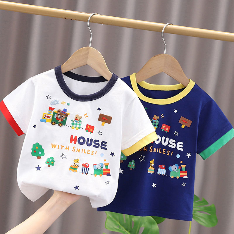 ฤดูร้อนใหม่ เสื้อยืดแขนสั้นเด็กผ้าฝ้ายแท้ สไตล์เกาหลี พิมพ์การ์ตูนน่ารัก สีสันสดใส เสื้อสำหรับเด็กชายและเด็กหญิง