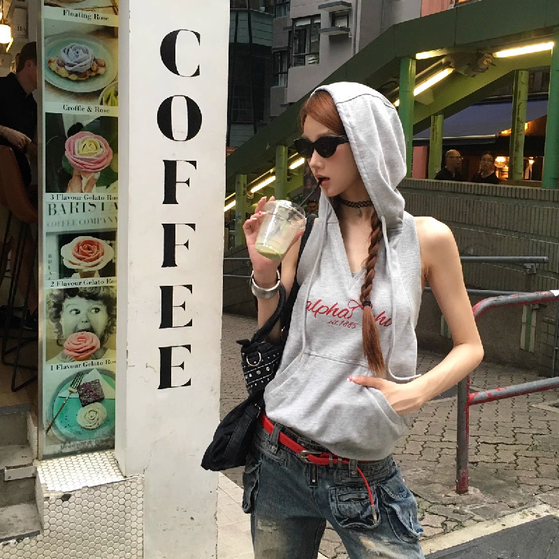 Solovely ผู้หญิง สไตล์เกาหลี มีฮู้ด ผ้าฝ้าย เสื้อตัวบน หลวม เปิดหลัง เสื้อกล้าม