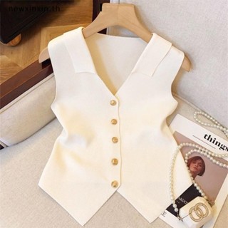 ^N^ เสื้อกั๊กถักคอวีกระดุมแถวเดียวแขนกุดทรงสลิมสําหรับผู้หญิ…