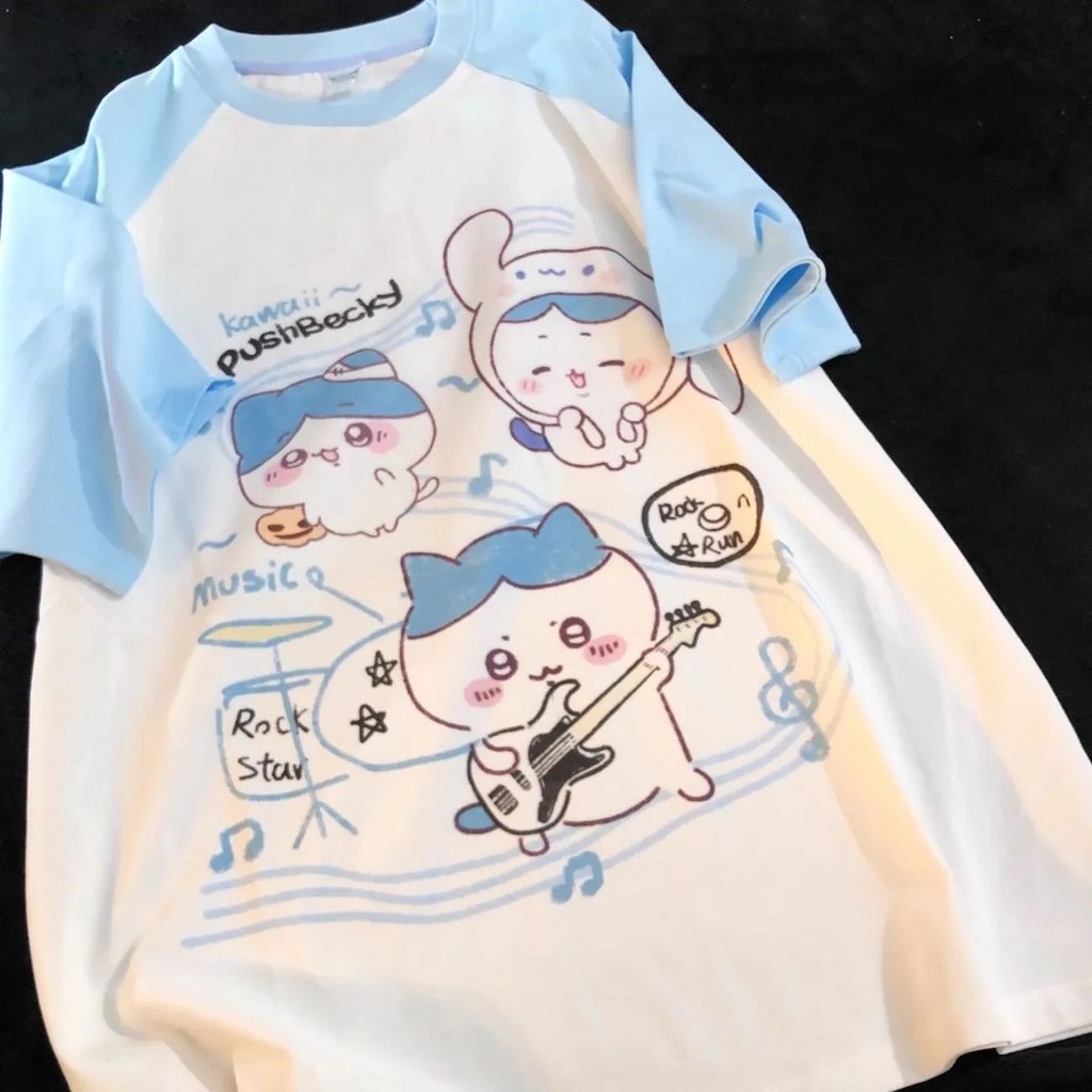 ผู้หญิงน่ารักพิมพ์เสื้อยืดสไตล์นักเรียนการ์ตูนแขนสั้นด้านบน