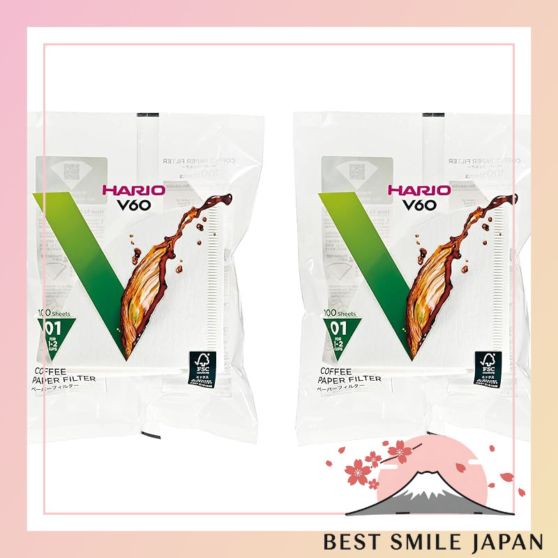 HARIO V60 Paper Filter, White, for 1-2 Cups, Made in Japan, VCF-01-100W, 100 Pieces, Set of 2