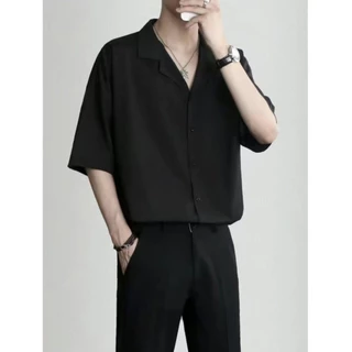 ACHSAWAKE เสื้อเชิ้ตผู้ชาย ทรงหลวม แขนสั้น เทรนด์ผ้าไหมน้ำแข็งขั้นสูง