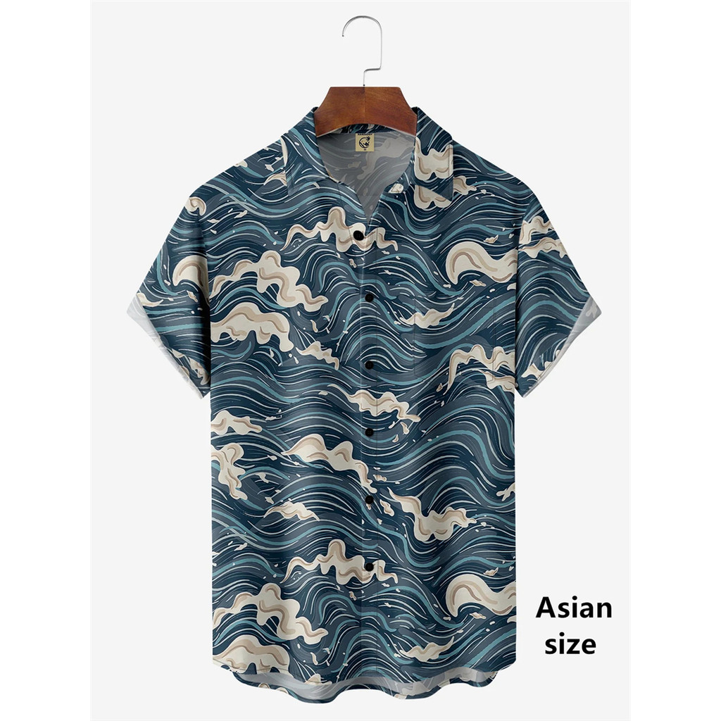 ใหม่เสื้อฮาวายสําหรับบุรุษเสื้อแขนสั้นสไตล์ญี่ปุ่น 3ง พิมพ์อุกิโยะคลื่นกราฟิกเสื้อผ้าฤดูร้อน สตรีทแวร์ ชายเสื้อ