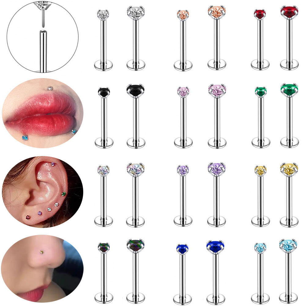 1 PC สแตนเลสสตีลต่างหูเจาะ 16G Push-in จมูก Nostrail Stud 2/4 มม.คริสตัล Labret Lip เจาะ 6/10 มม.Mroe กระดูกอ่อน Tragus Helix เจาะเงินสีดําสีแดง