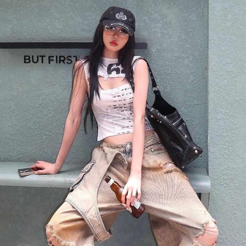 Kliou พิมพ์ผอมเสื้อกั๊กปิดไหล่แขน Patchwork Hollow Out Cleavage Navel สัมผัสฤดูร้อนผู้หญิงแฟชั่นลําลอง Cool Street สไตล์