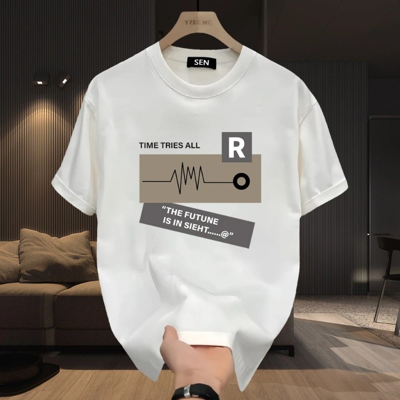 YOU-T 💥เสื้อยืดแขนสั้นชาย พิมพ์ "TIME TRIES ALL R" เสื้อแขนสั้นหลวมๆ คุณภาพสูง ผ้าฝ้าย100% สวมใส่สบา