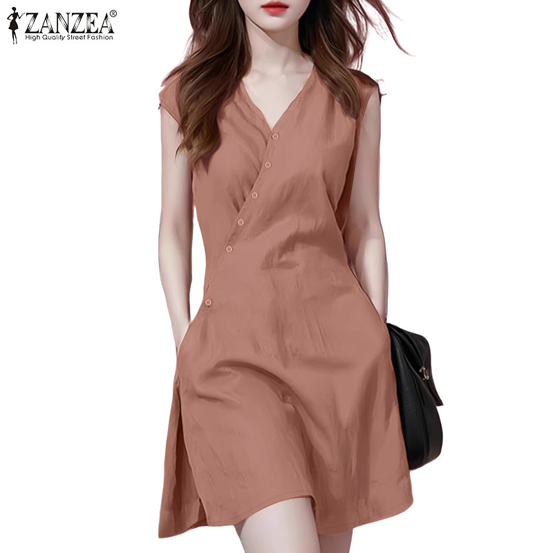 ZANZEA กระโปรงสไตล์เกาหลี ตัดแบบ A-Line มีกระเป๋าถังขนาดเล็กและปุ่มเอียงที่คอกลมย่นเรียบหรู - รูปที่ 4