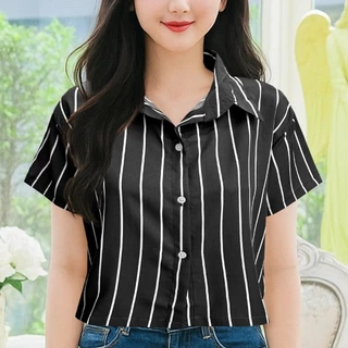 เสื้อเชิ้ตครอปผู้หญิงแขนสั้น ใส่สบาย สินค้าขายดี เสื้อฮาวายสไตล์เกาหลี Hawaii shirt ผ้าไหมอิตาลี เสื้อครอปแฟชั่นผู้หญิง