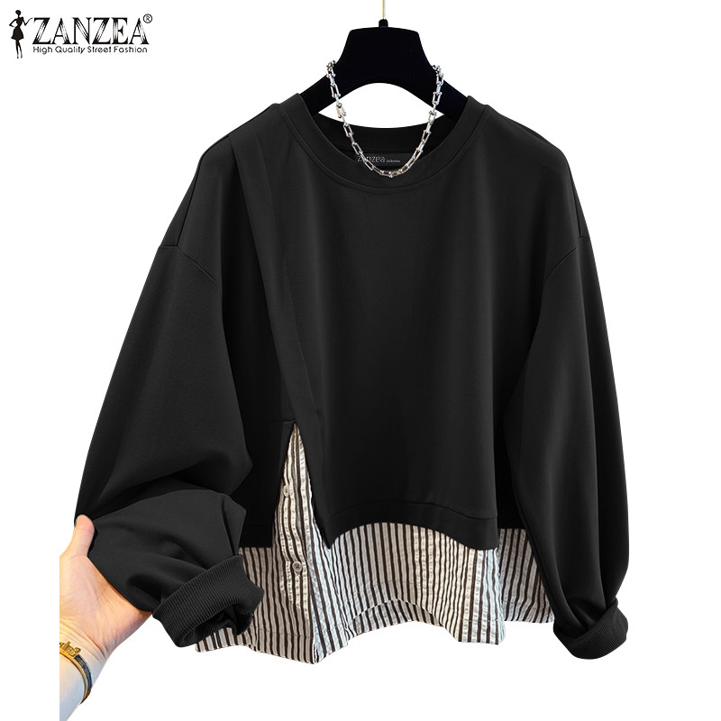 ZANZEA ซานเซีย ผู้หญิงเกาหลีคอกลมแขนยาวคมชัดลายเสื้อสวมหัวเสื้อ