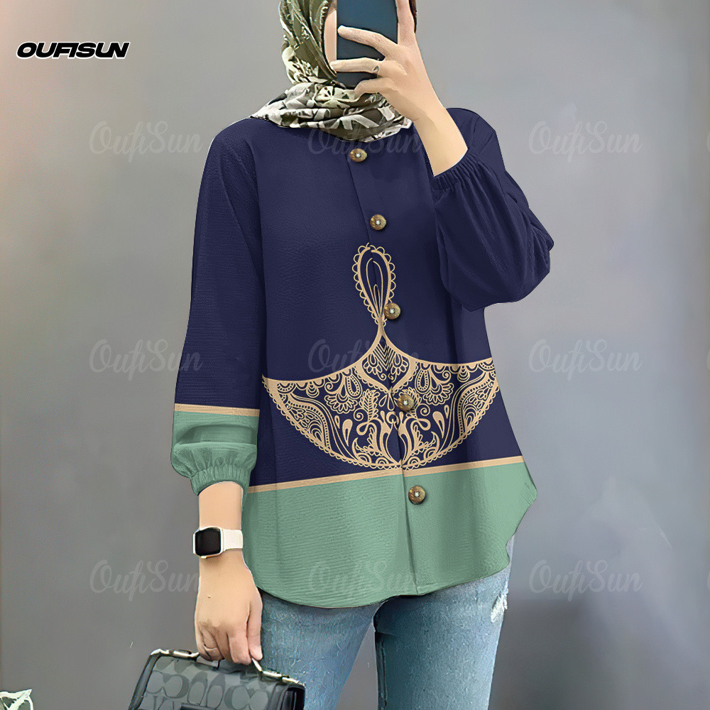 2025 Baju Deepavali เสื้อ Diwali เสื้อแขนยาวผู้หญิงรอบคอปุ่มเสื้อมุสลิม Tops