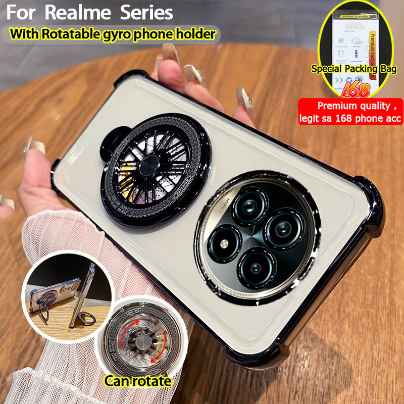 เคส Realme 15 12 12X 13 13+ 5G เคส Realme 14 12 11 13 Pro Plus 5G เคส Realme 15 14 11 13 Pro 5G กันกระแทกใสพร้อมฝาครอบกล้องไจโรบรรเทาความเครียด ที่วางโทรศัพท์หมุนได้ขาตั้งหนาถุงลมนิรภัยนุ่มฝาครอบโทรศัพท์